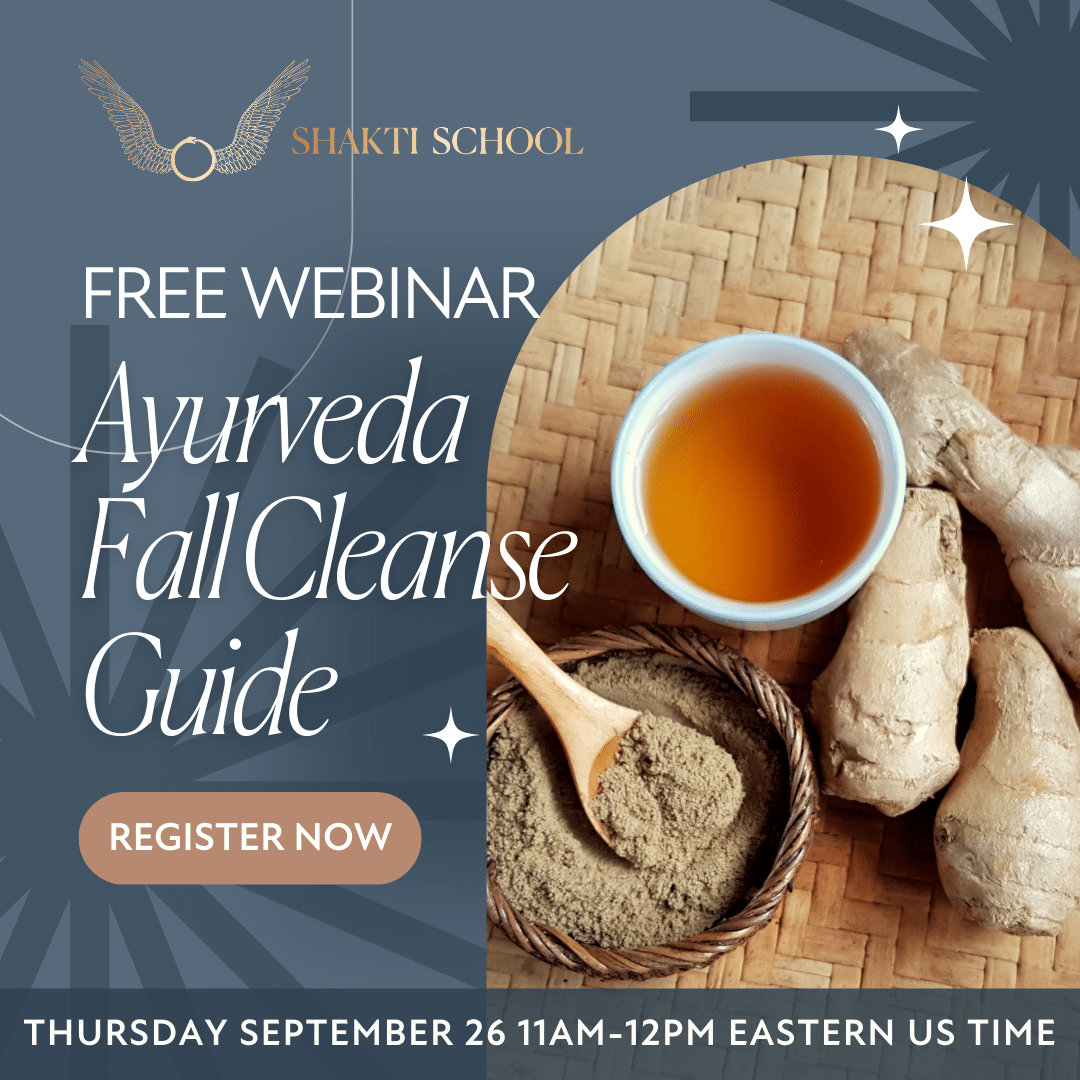 This graphic has a picture of ginger, ginger tea, and ginger powder on a dark blue background. The text reads "Free Webinar: Ayurveda Fall Cleanse Guide. Register Now." It links to a podcast episode about why we do seasonal Ayurvedic kitchari cleanses.